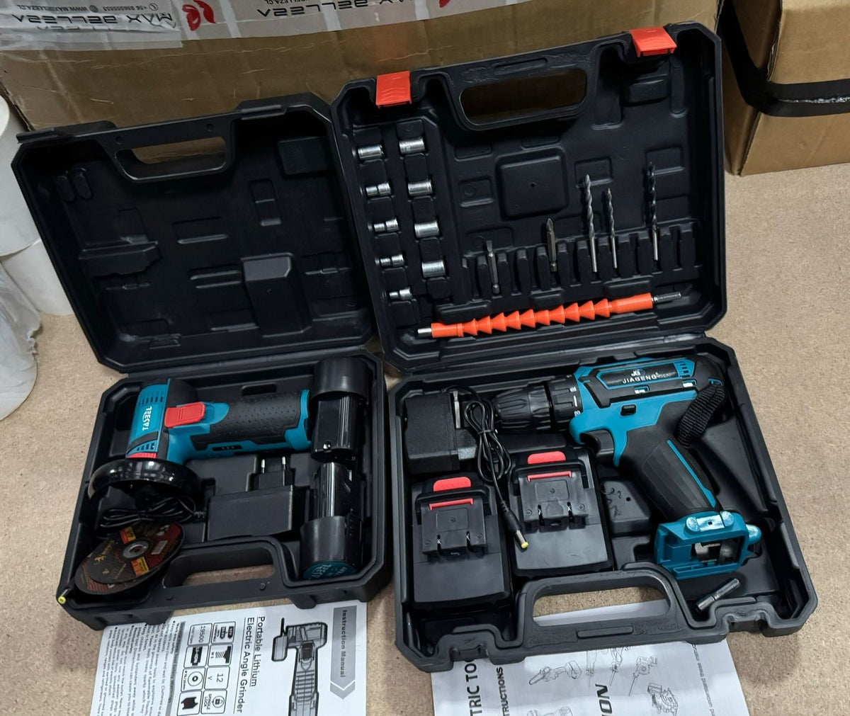 Combo Taladro 96V + Mini Amoladora · 4 Baterías