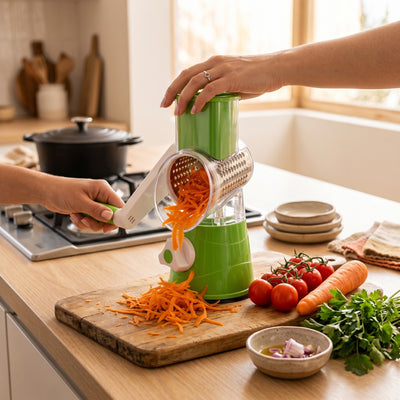 Rallador y Cortador de Verduras 5 en 1 · Hojas Intercambiables + Recipiente Recolector